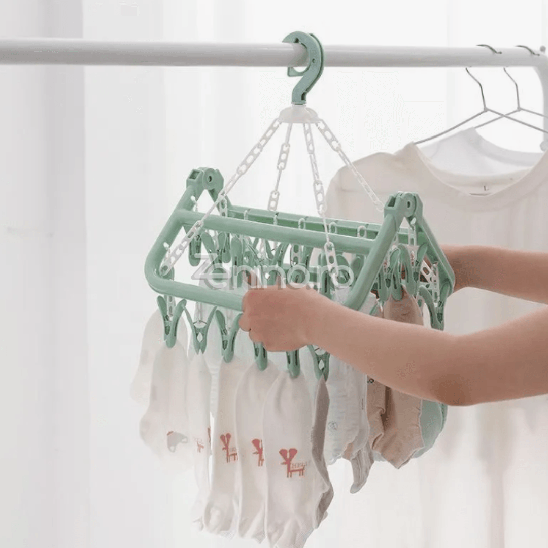 Сушилня за дрехи, с 32 куки, за чорапи, бебешки дрехи, сгъваема, въртене на 360 градуса, със закачалки, 32x32 см, розова, синя, зелена