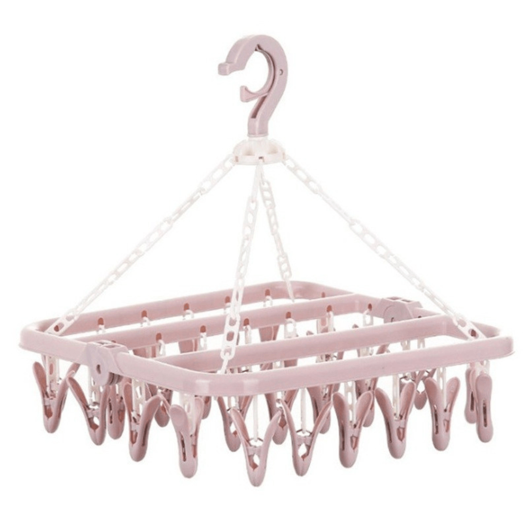 Сушилня за дрехи, с 32 куки, за чорапи, бебешки дрехи, сгъваема, въртене на 360 градуса, със закачалки, 32x32 см, розова, синя, зелена