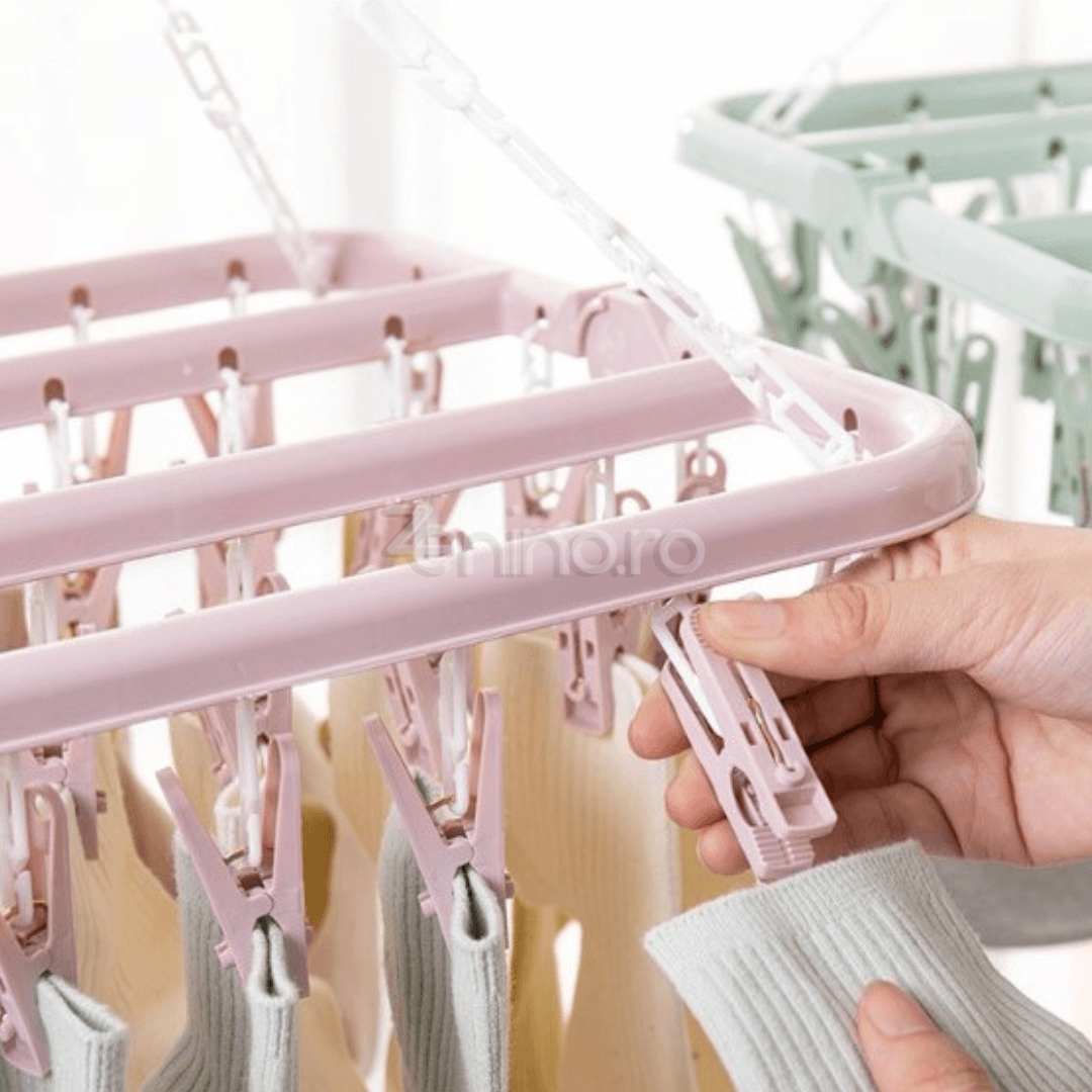 Сушилня за дрехи, с 32 куки, за чорапи, бебешки дрехи, сгъваема, въртене на 360 градуса, със закачалки, 32x32 см, розова, синя, зелена