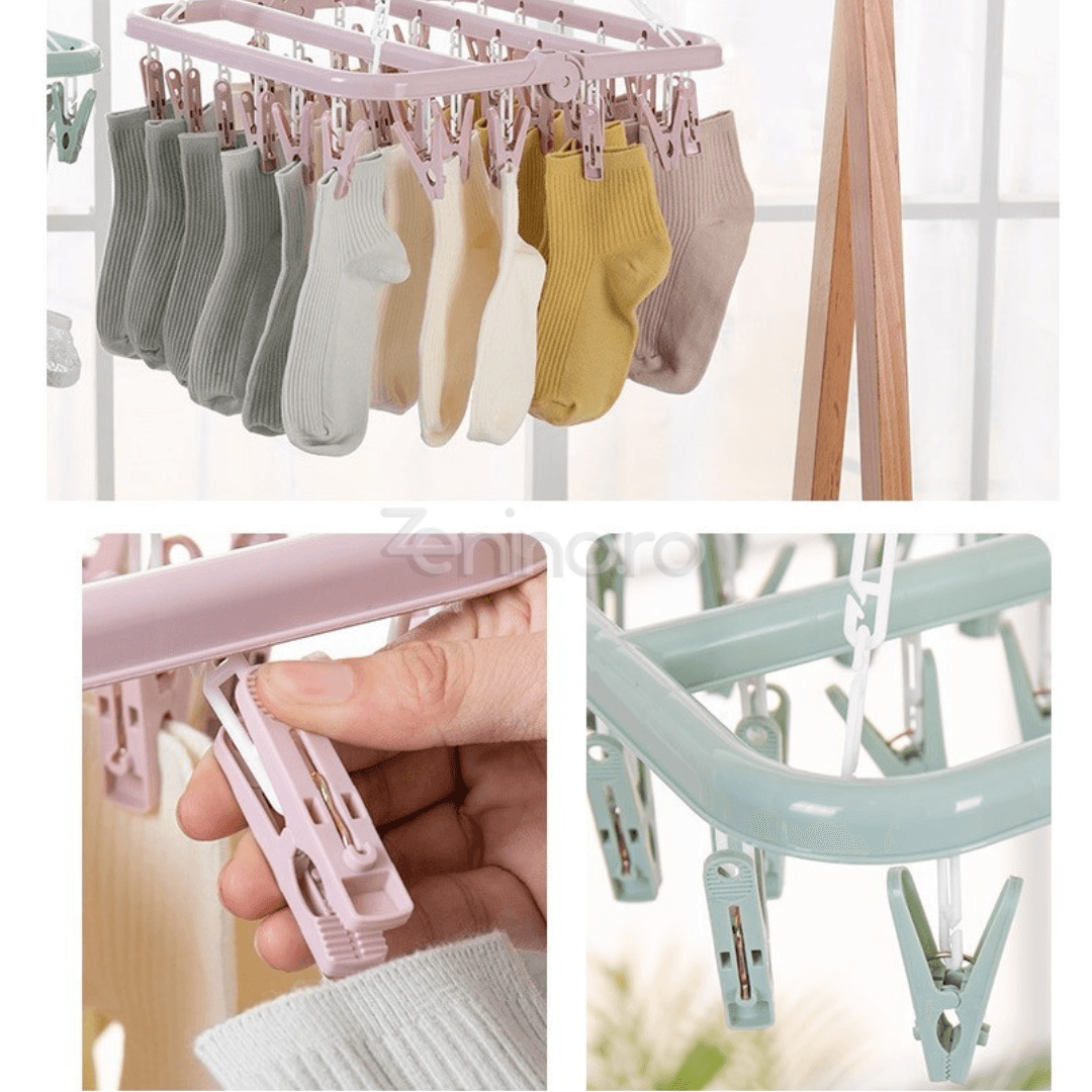 Сушилня за дрехи, с 32 куки, за чорапи, бебешки дрехи, сгъваема, въртене на 360 градуса, със закачалки, 32x32 см, розова, синя, зелена