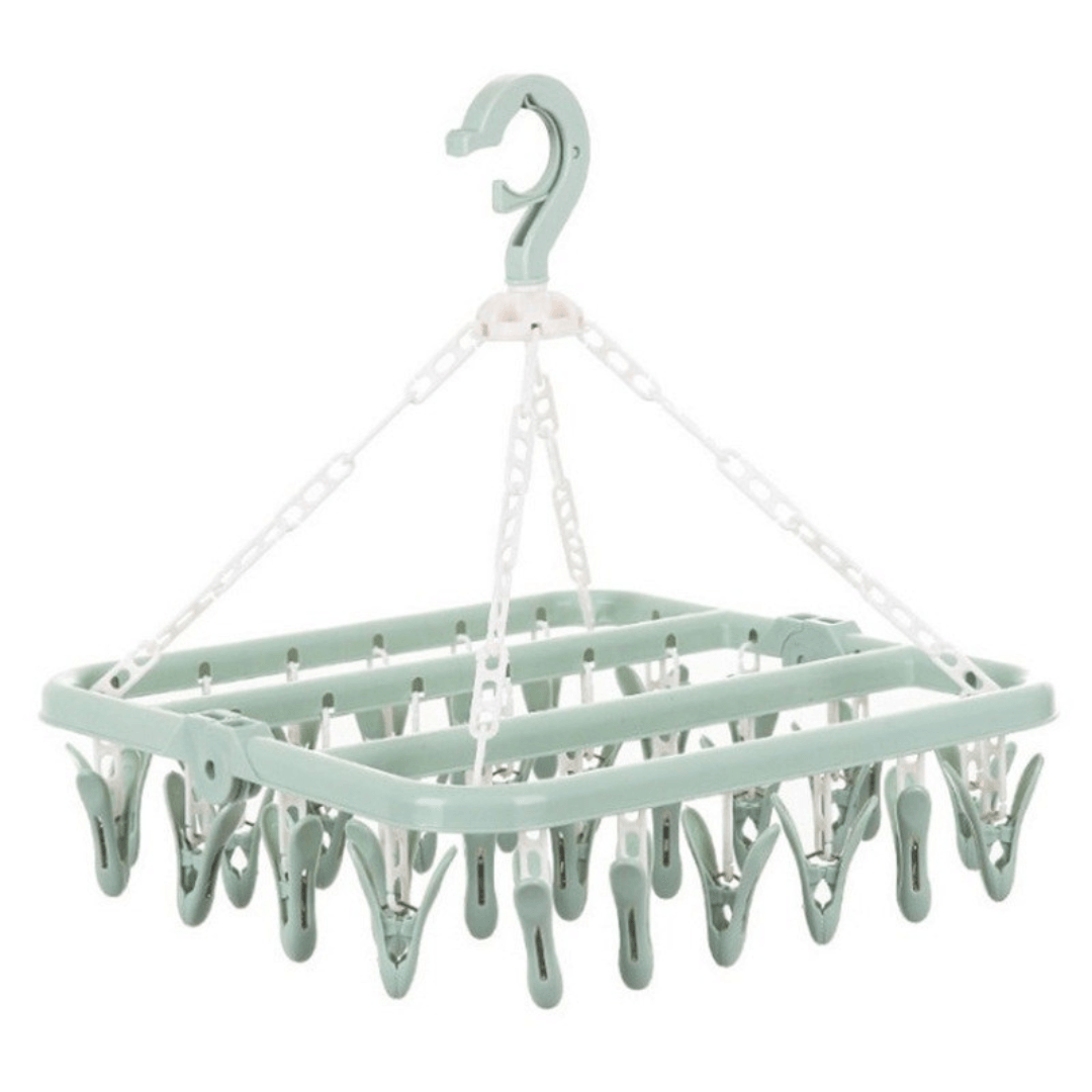 Сушилня за дрехи, с 32 куки, за чорапи, бебешки дрехи, сгъваема, въртене на 360 градуса, със закачалки, 32x32 см, розова, синя, зелена