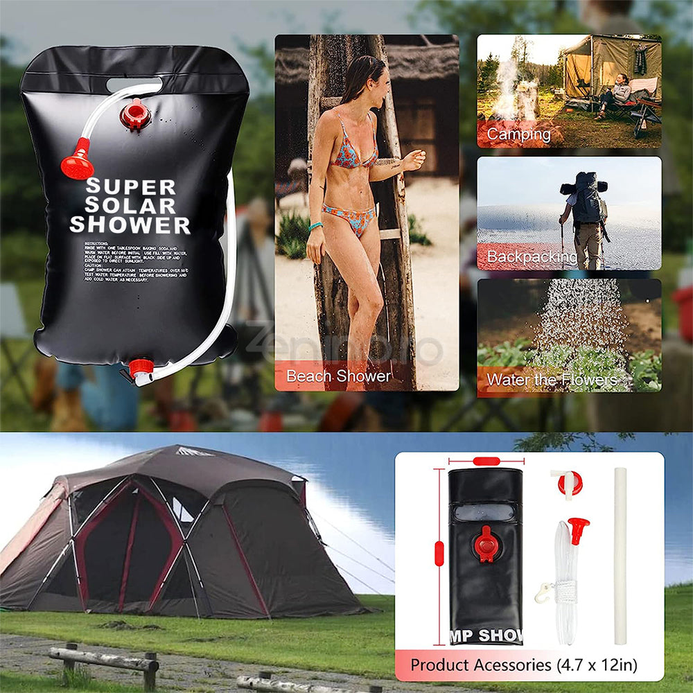 Portable Shower 20L with Solar Heating, for Camping, Hose with Faucet, Watertight Closure, Hanging Handle, Black
