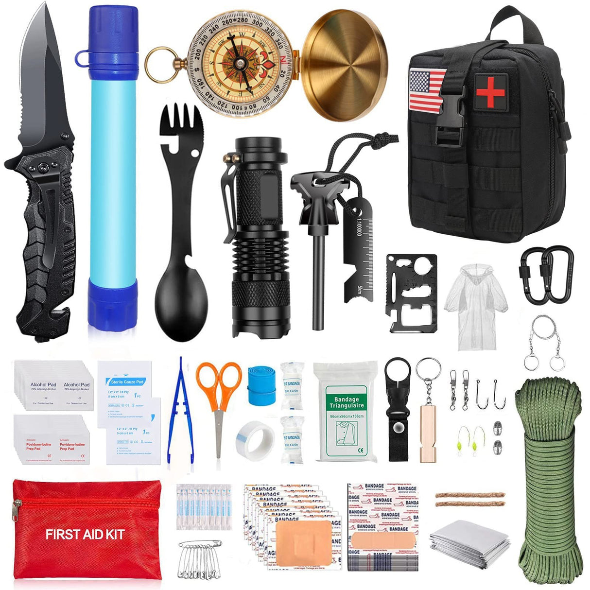 Kit Supravietuire cu Ghiozdan, 40 Piese, Echipament Prim-Ajutor, Multifunctional