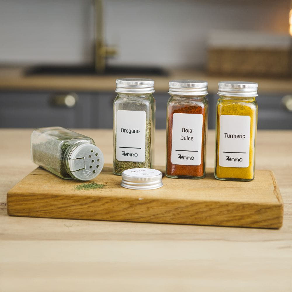 Spice Container Set, Aluminum/Wooden Lid, 96 White Labels in Romanian, 12-24 Salt Shakers, Funnel, Marker, 110ml, Bottle