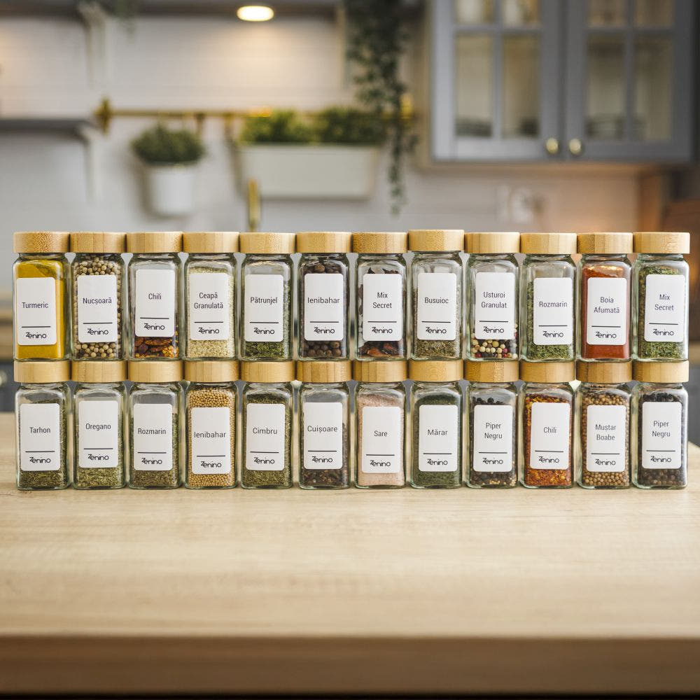 Spice Container Set, Aluminum/Wooden Lid, 96 White Labels in Romanian, 12-24 Salt Shakers, Funnel, Marker, 110ml, Bottle