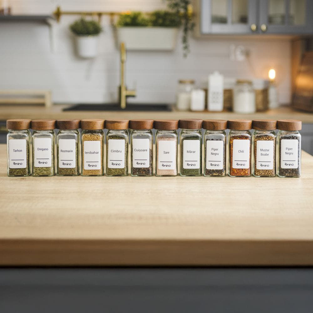 Spice Container Set, Aluminum/Wooden Lid, 96 White Labels in Romanian, 12-24 Salt Shakers, Funnel, Marker, 110ml, Bottle