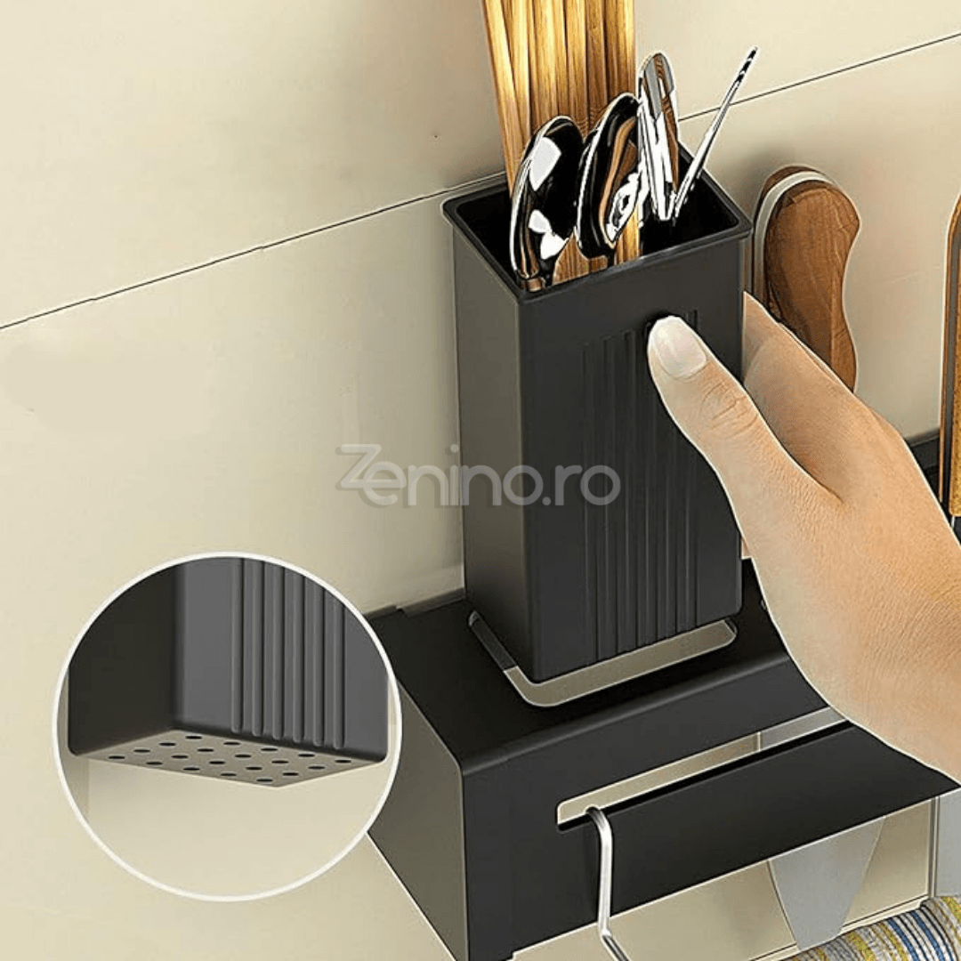 Suport Suspendabil Ustensile, Compartimente Cutite, Recipiente Tacamuri, din Otel Inoxidabil, 60cm, Negru