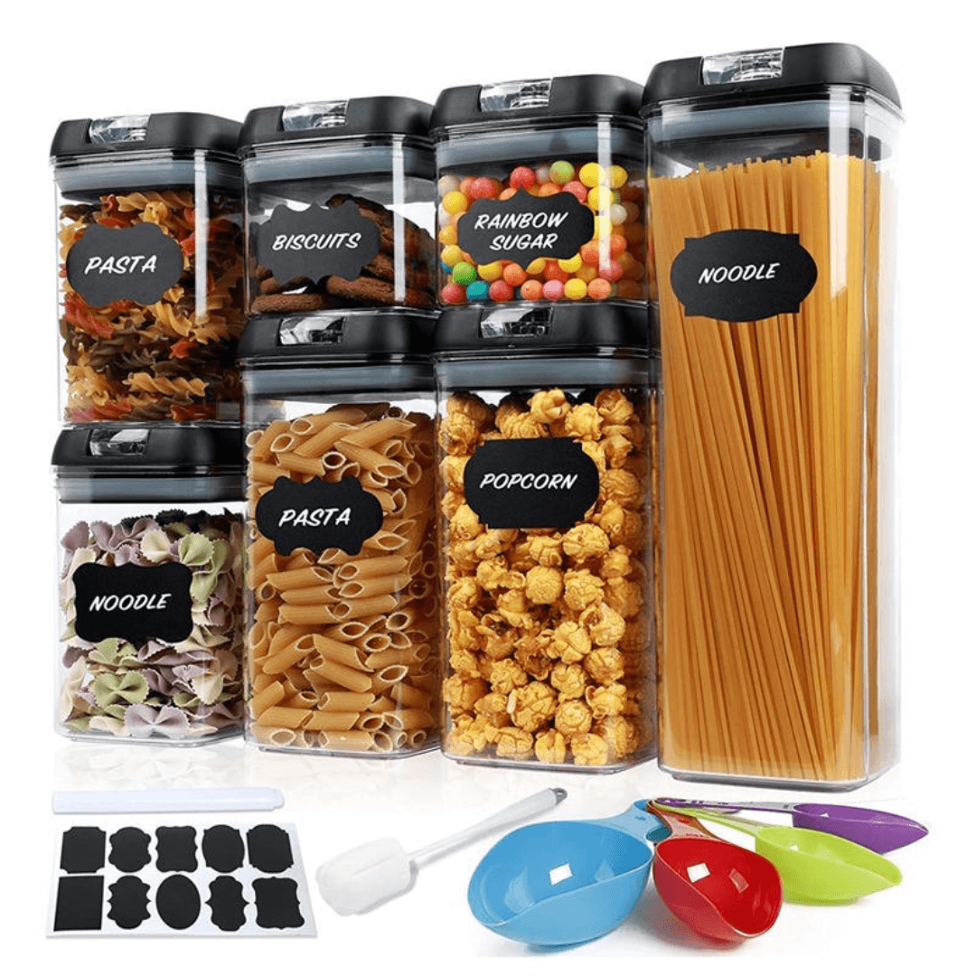Set 7 Recipiente Organizare Alimente, Inchidere Etansa, Etichete Reutilizabile, Cupe Masurare, 4 Dimensiuni Diferite, Plastic Dur, Transparent