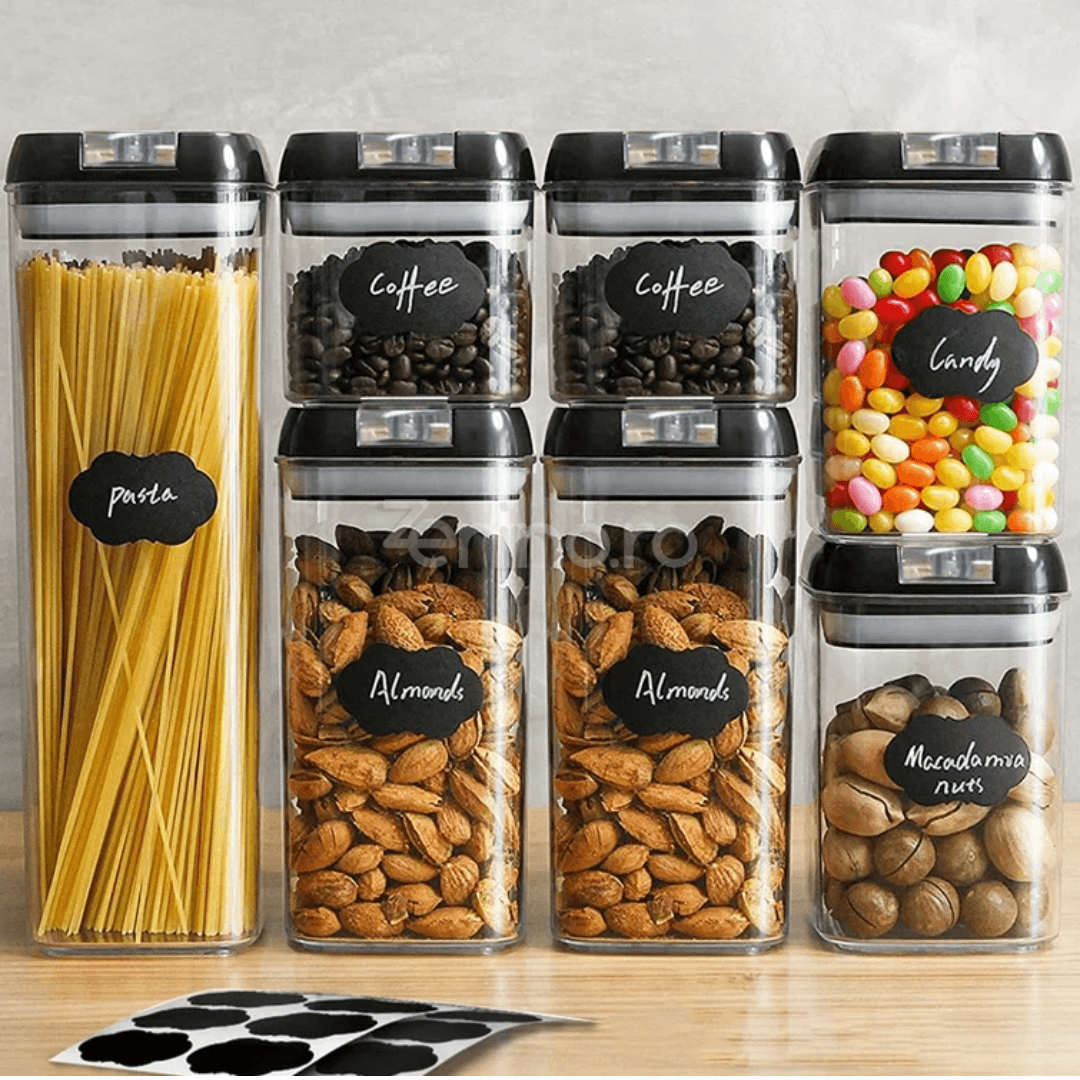 Set 7 Recipiente Organizare Alimente, Inchidere Etansa, Etichete Reutilizabile, Cupe Masurare, 4 Dimensiuni Diferite, Plastic Dur, Transparent