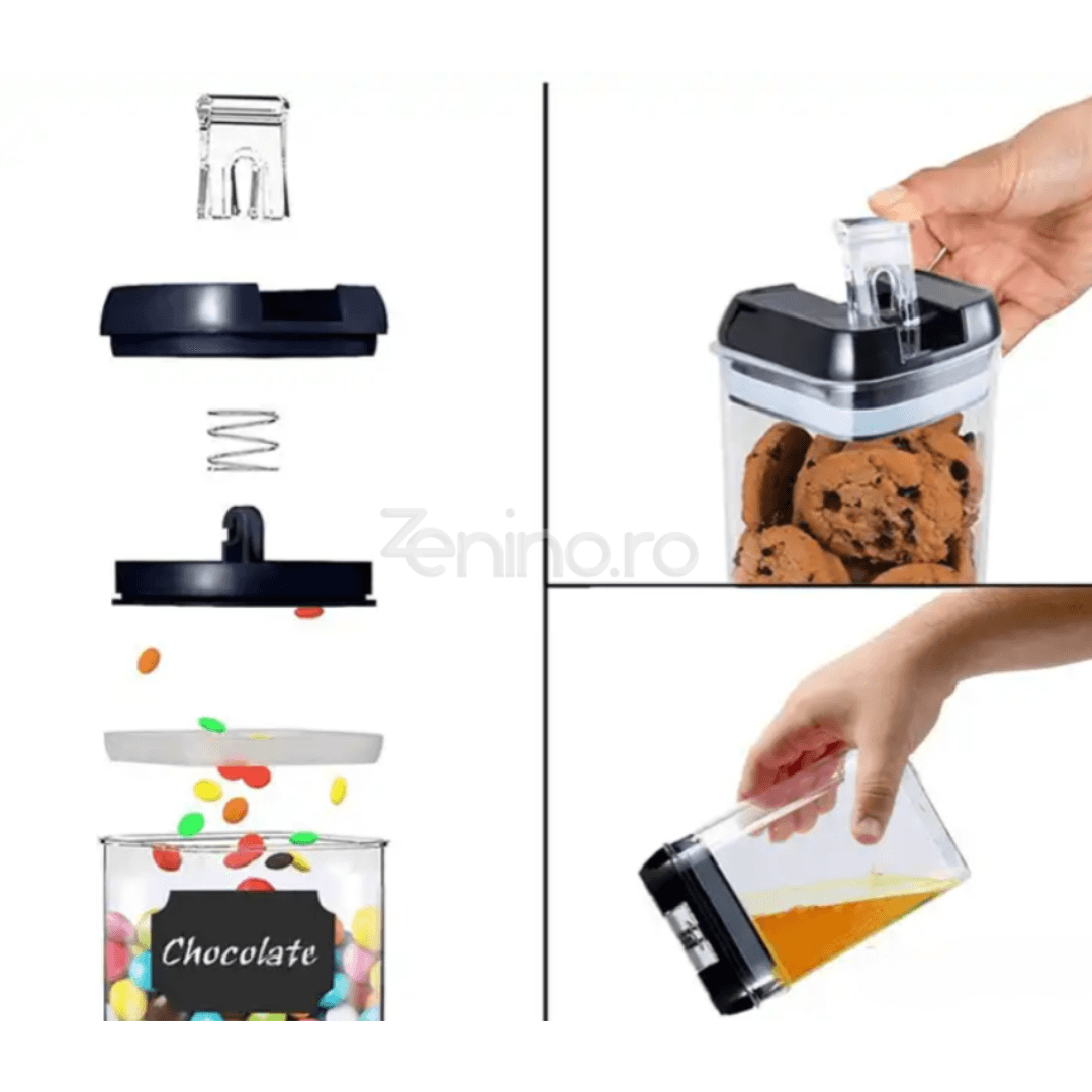 Set 7 Recipiente Organizare Alimente, Inchidere Etansa, Etichete Reutilizabile, Cupe Masurare, 4 Dimensiuni Diferite, Plastic Dur, Transparent