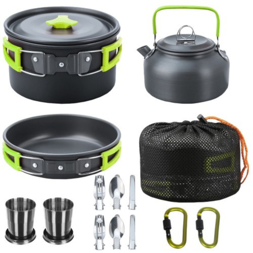 Set Camping de Gatit, 18 Piese, Suprafata Anti-Aderenta, Accesorii Incluse, Otel Inoxidabil