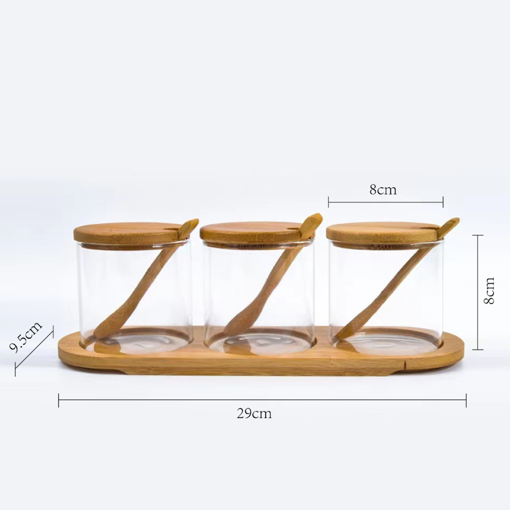 Комплект от 3 кутии за подправки, бамбукова поставка, лъжичка включена, стъкло