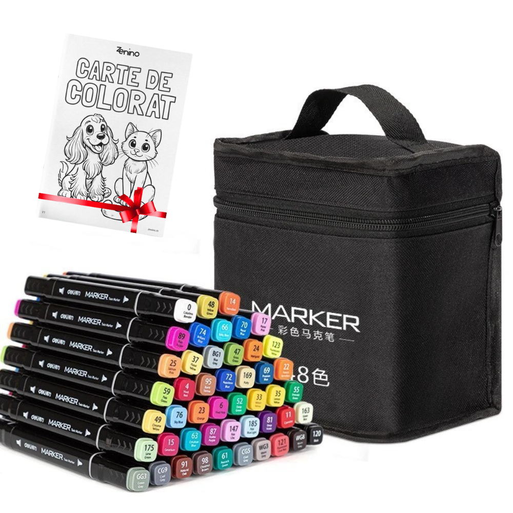 Set Markere + Carte de Colorat CADOU, pe Baza de Ulei, Varf Dublu, Culori Intense, Geanta de Depozitare