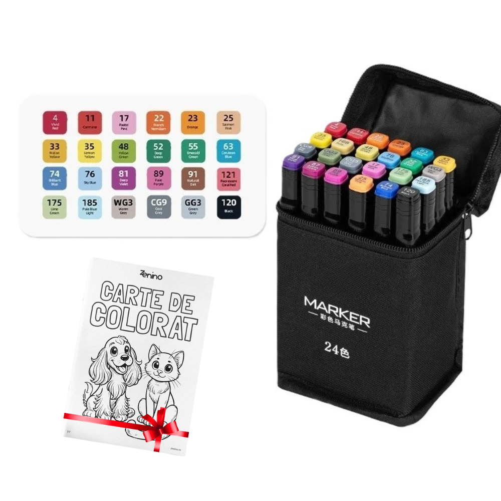 Set Markere + Carte de Colorat CADOU, pe Baza de Ulei, Varf Dublu, Culori Intense, Geanta de Depozitare