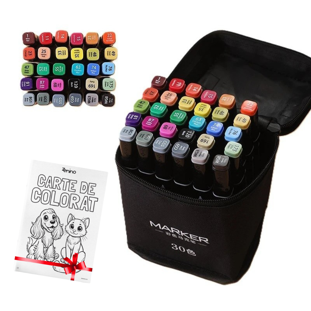 Set Markere + Carte de Colorat CADOU, pe Baza de Ulei, Varf Dublu, Culori Intense, Geanta de Depozitare