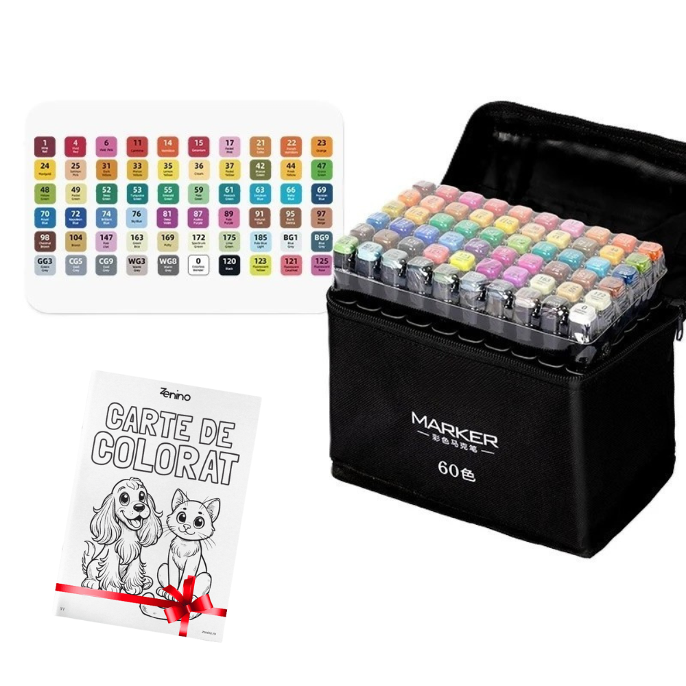 Set Markere + Carte de Colorat CADOU, pe Baza de Ulei, Varf Dublu, Culori Intense, Geanta de Depozitare