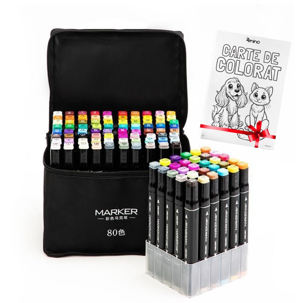 Set Markere + Carte de Colorat CADOU, pe Baza de Ulei, Varf Dublu, Culori Intense, Geanta de Depozitare