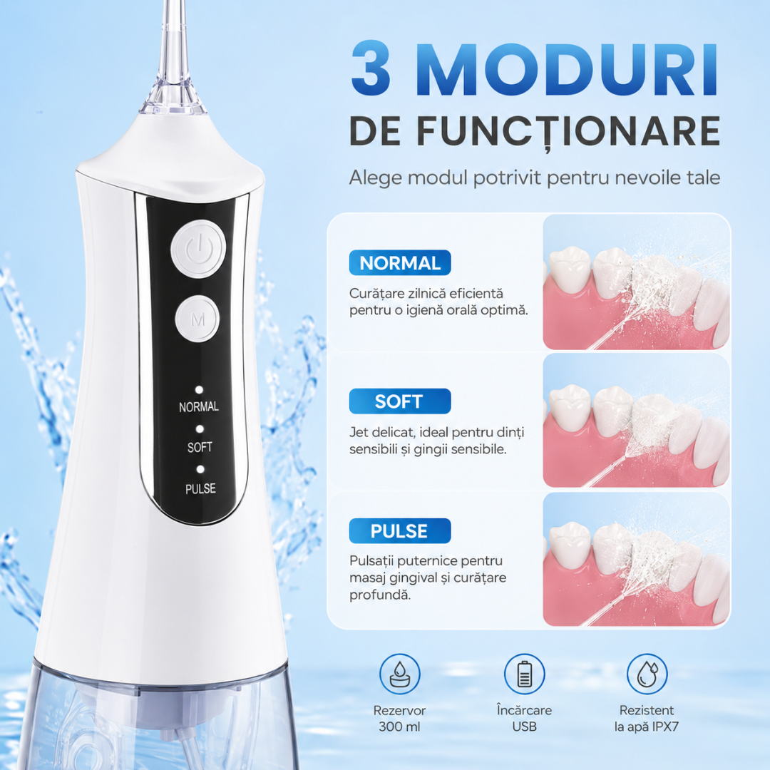 Irigator Bucal, 3 Moduri de Functionare, Rezervor 300ml, Incarcare USB