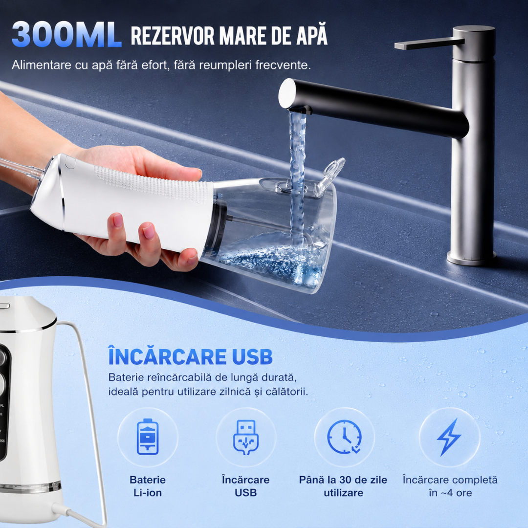 Irigator Bucal, 3 Moduri de Functionare, Rezervor 300ml, Incarcare USB