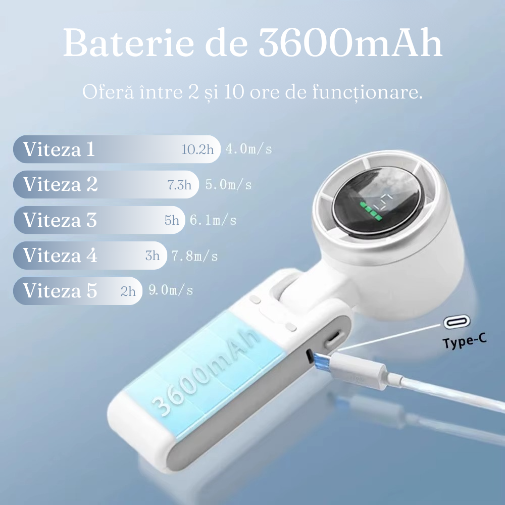 Mini Ventilator Portabil, Afisaj Digital, 5 Viteze, 3600mAh, Pliabil, Incarcare USB