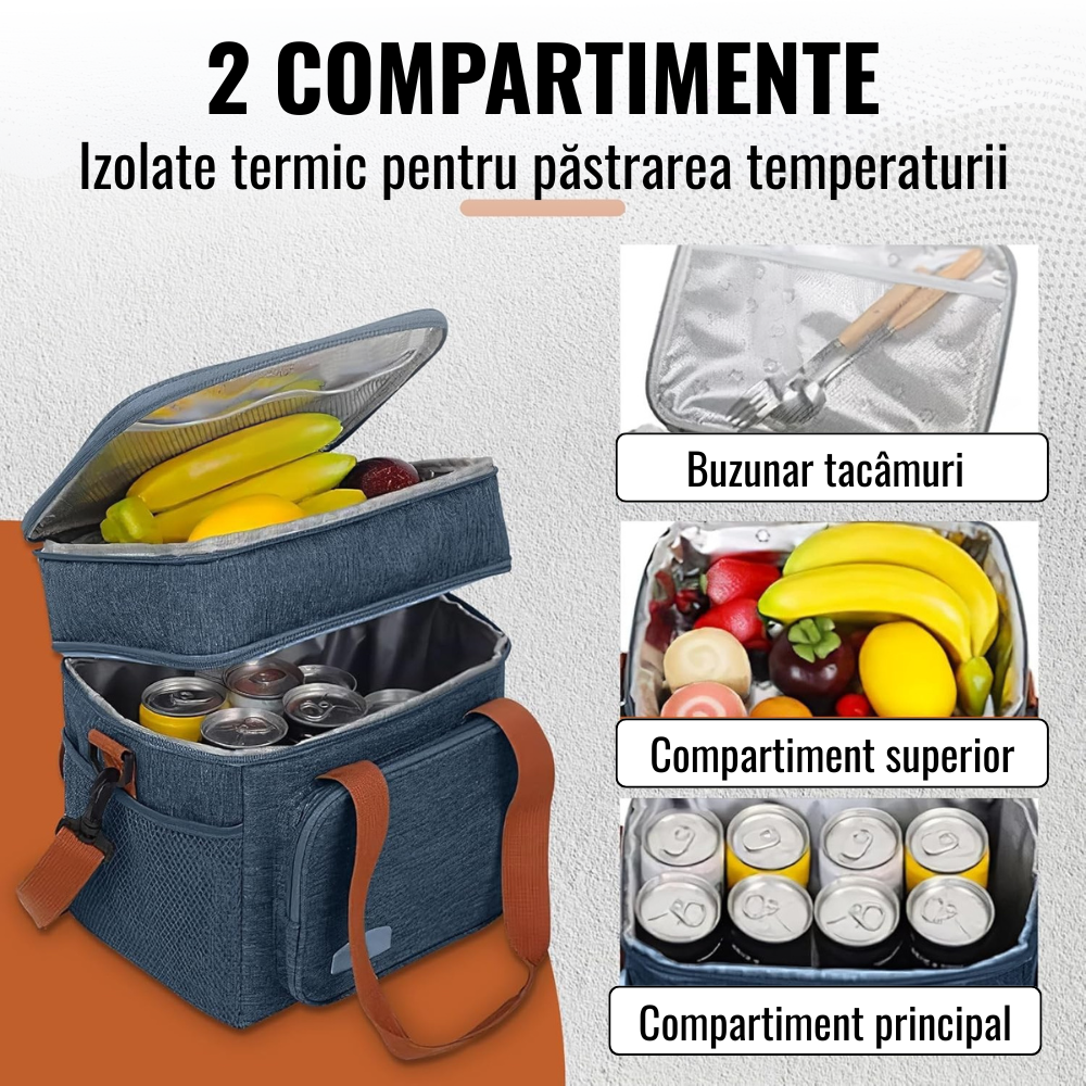 Термо чанта за обяд, 2 отделения, водоустойчива, странични джобове, презрамка, 25.5x18x30см