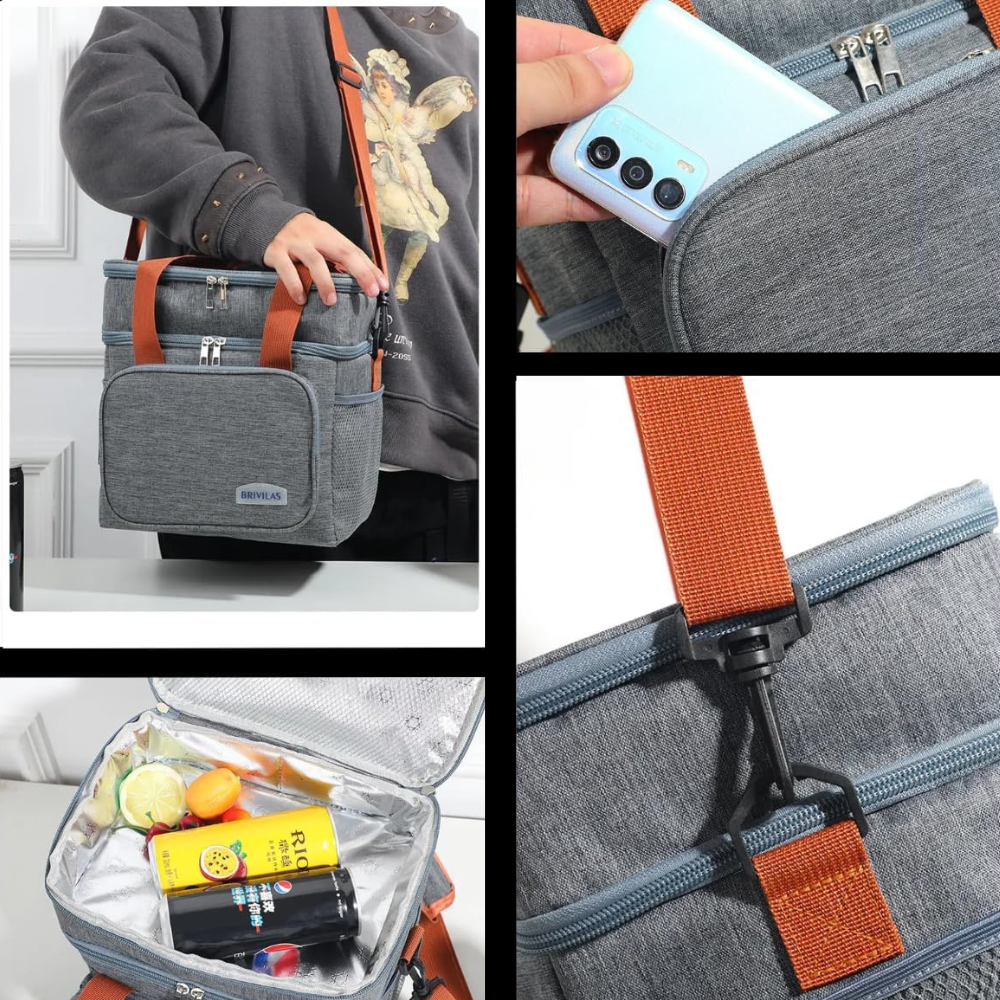 Термо чанта за обяд, 2 отделения, водоустойчива, странични джобове, презрамка, 25.5x18x30см