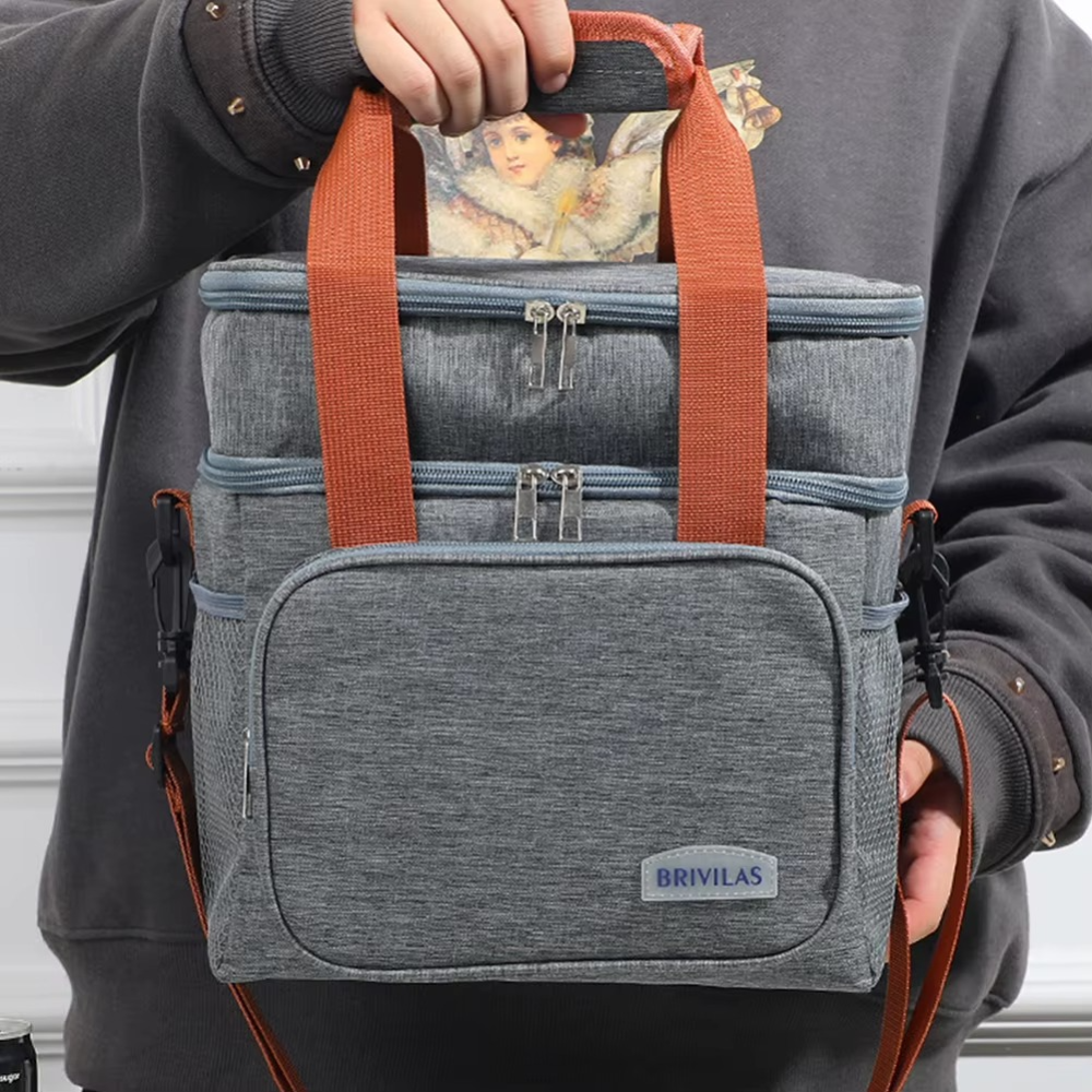 Термо чанта за обяд, 2 отделения, водоустойчива, странични джобове, презрамка, 25.5x18x30см