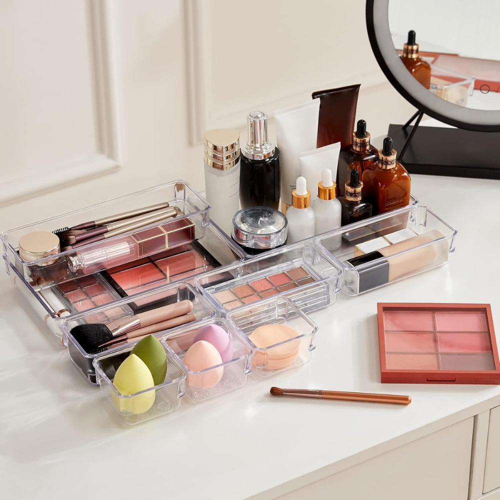 Комплект от 25 органайзера за чекмеджета, модулни, 4 размера, прозрачни