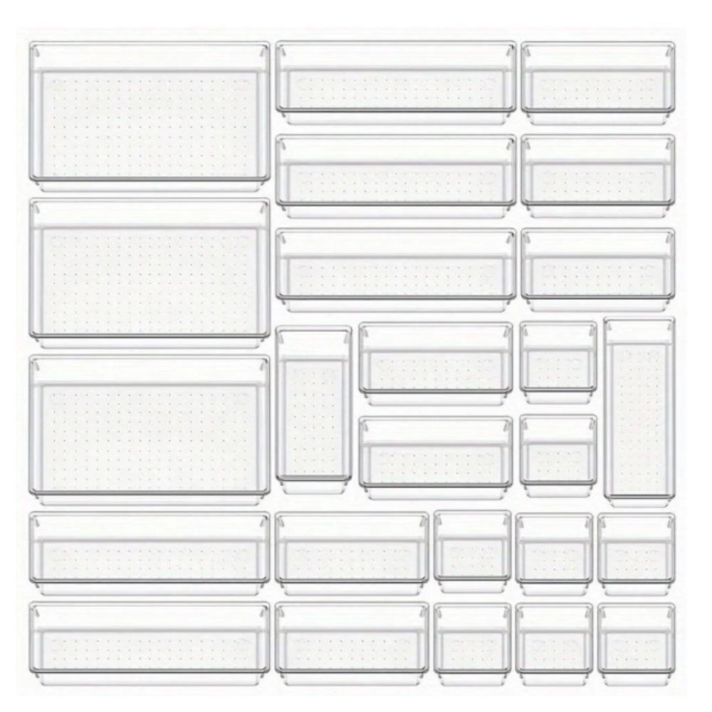 Комплект от 25 органайзера за чекмеджета, модулни, 4 размера, прозрачни