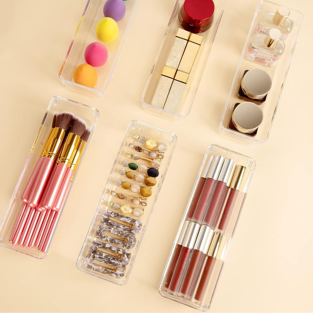 Комплект от 25 органайзера за чекмеджета, модулни, 4 размера, прозрачни