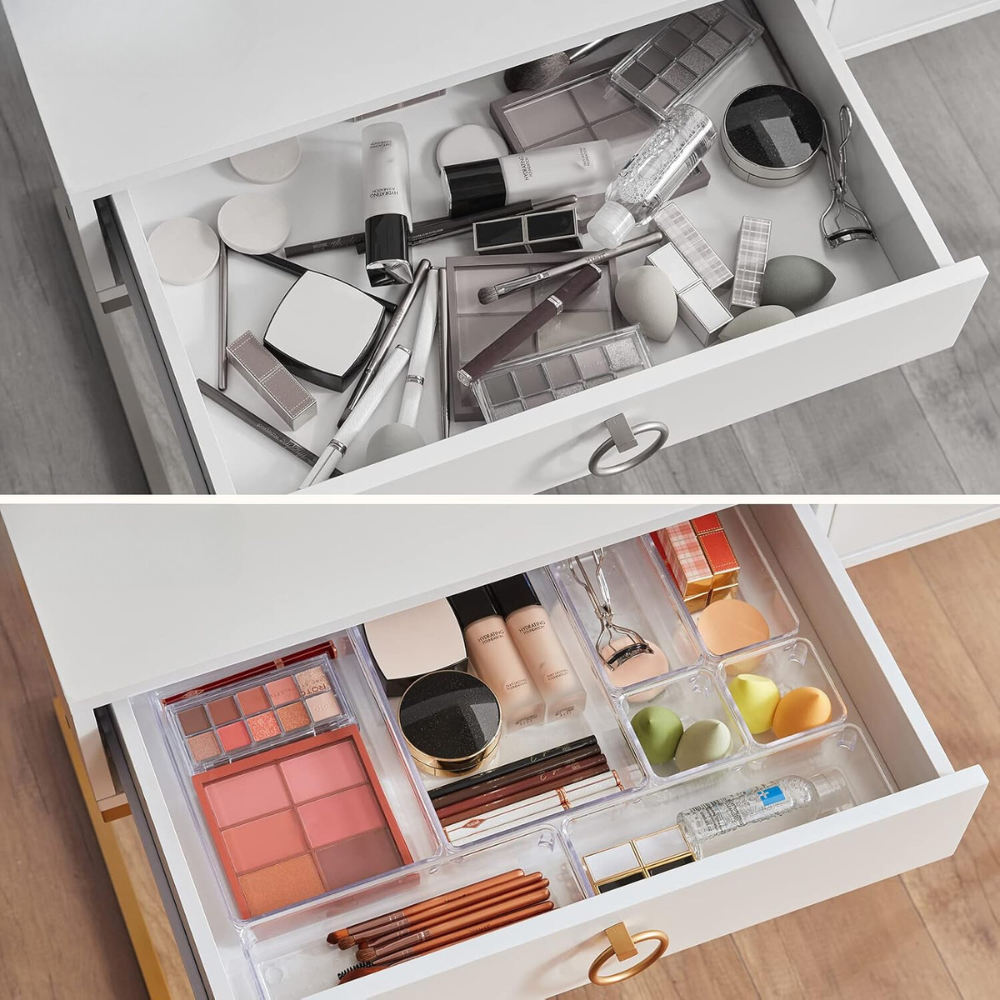 Комплект от 25 органайзера за чекмеджета, модулни, 4 размера, прозрачни