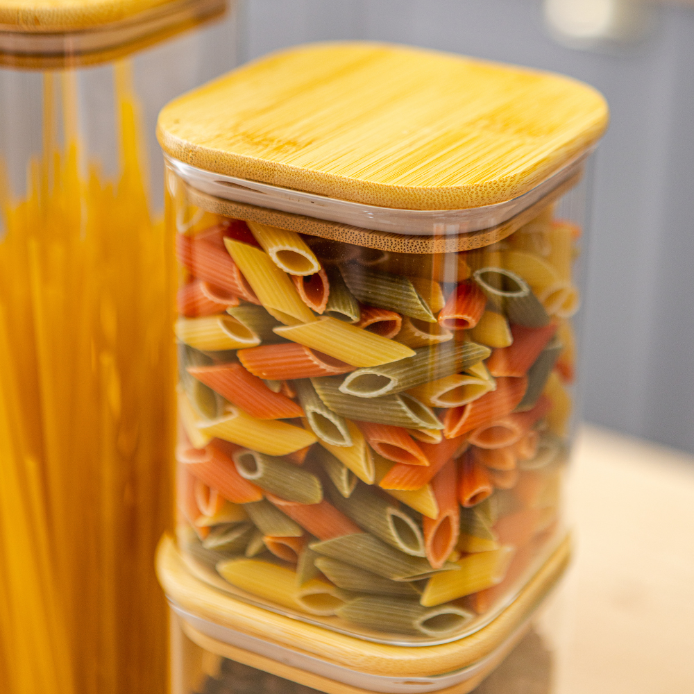 Комплект от 5 контейнера за съхранение на храна, стъкло, херметични капаци, изработени от бамбуково/акациево дърво