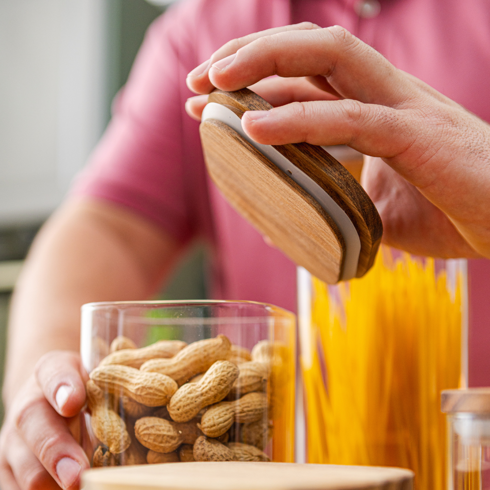 Комплект от 5 контейнера за съхранение на храна, стъкло, херметични капаци, изработени от бамбуково/акациево дърво