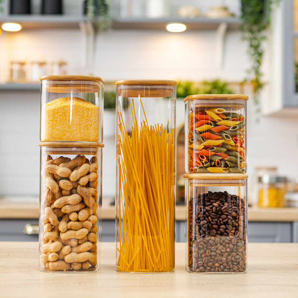 Комплект от 5 контейнера за съхранение на храна, стъкло, херметични капаци, изработени от бамбуково/акациево дърво