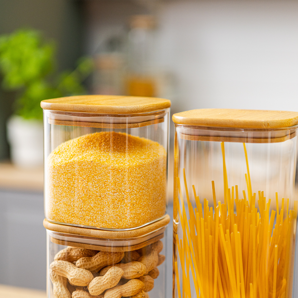 Комплект от 5 контейнера за съхранение на храна, стъкло, херметични капаци, изработени от бамбуково/акациево дърво