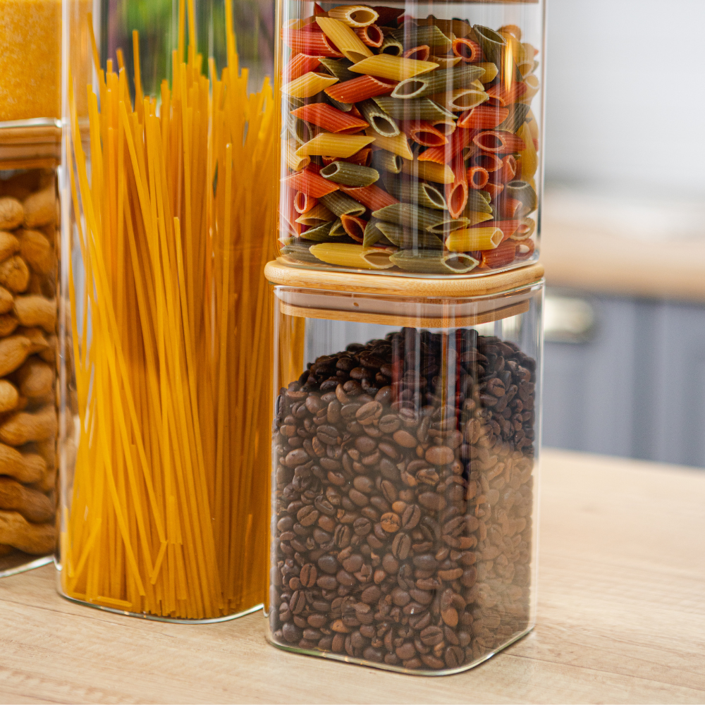 Комплект от 5 контейнера за съхранение на храна, стъкло, херметични капаци, изработени от бамбуково/акациево дърво