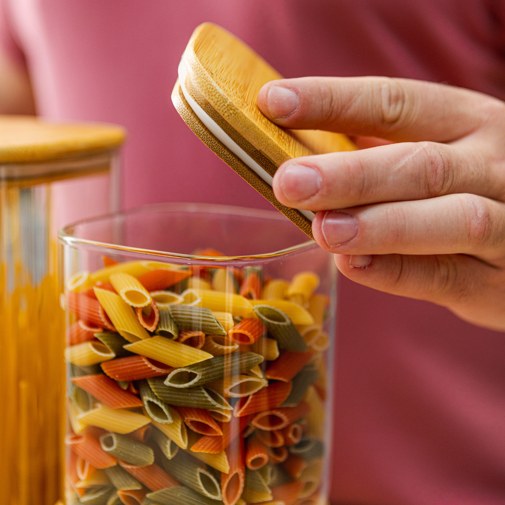 Комплект от 5 контейнера за съхранение на храна, стъкло, херметични капаци, изработени от бамбуково/акациево дърво