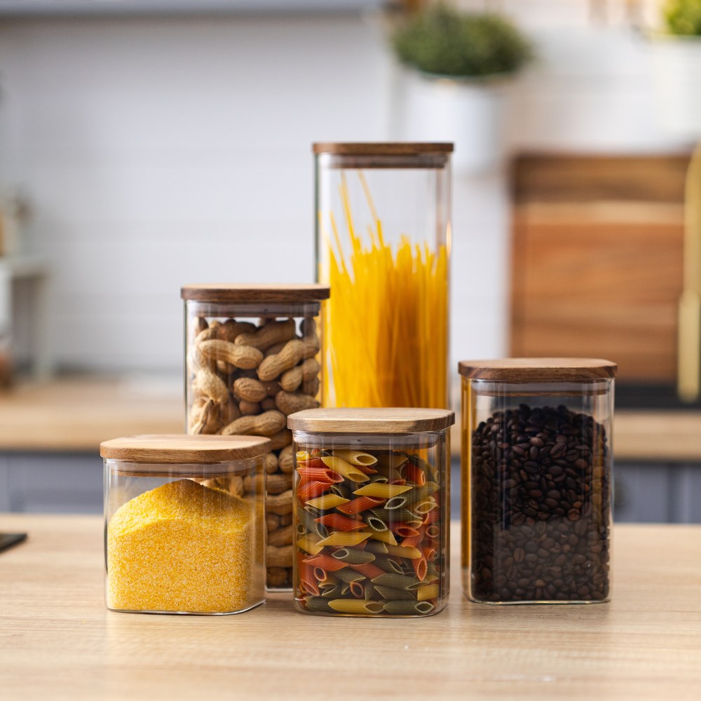 Комплект от 5 контейнера за съхранение на храна, стъкло, херметични капаци, изработени от бамбуково/акациево дърво
