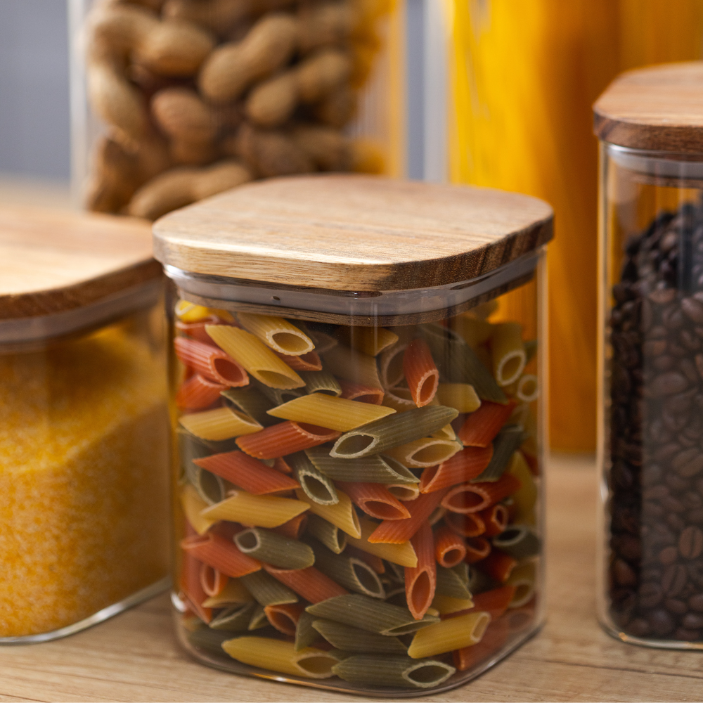 Комплект от 5 контейнера за съхранение на храна, стъкло, херметични капаци, изработени от бамбуково/акациево дърво