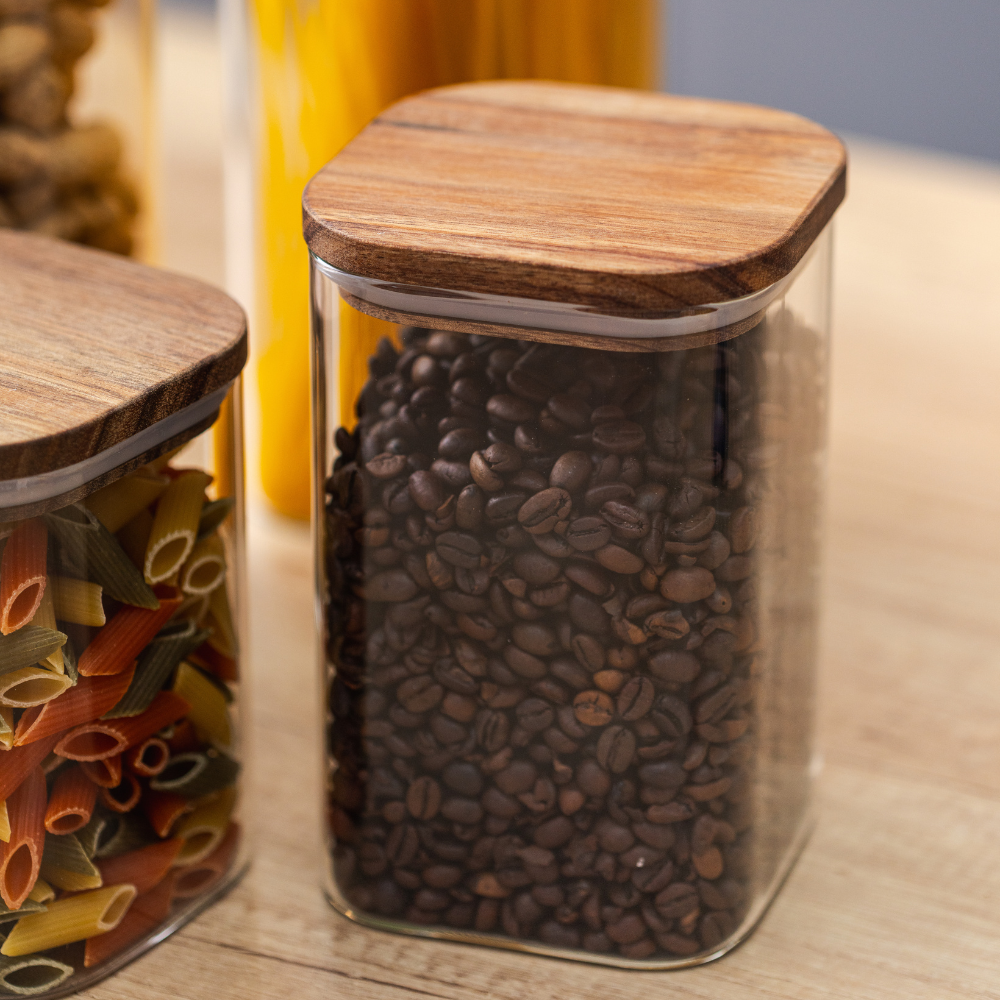 Комплект от 5 контейнера за съхранение на храна, стъкло, херметични капаци, изработени от бамбуково/акациево дърво