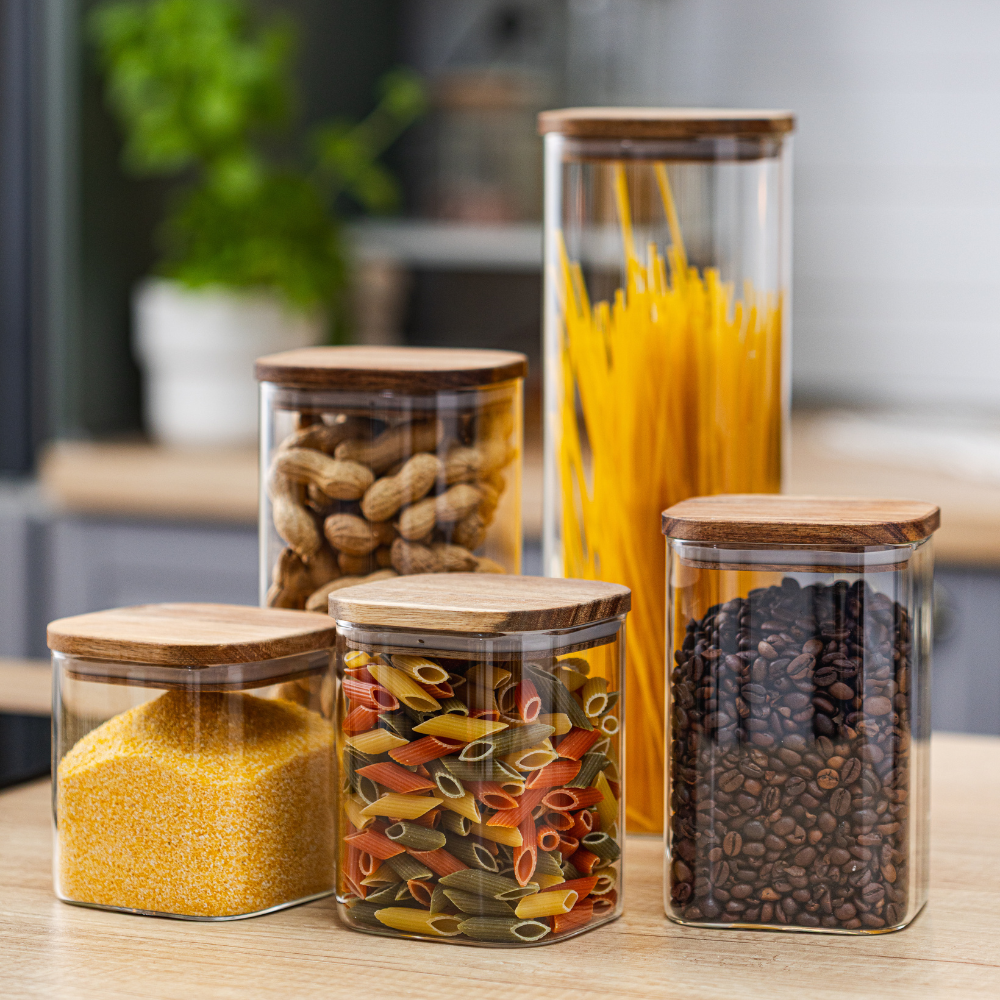 Комплект от 5 контейнера за съхранение на храна, стъкло, херметични капаци, изработени от бамбуково/акациево дърво