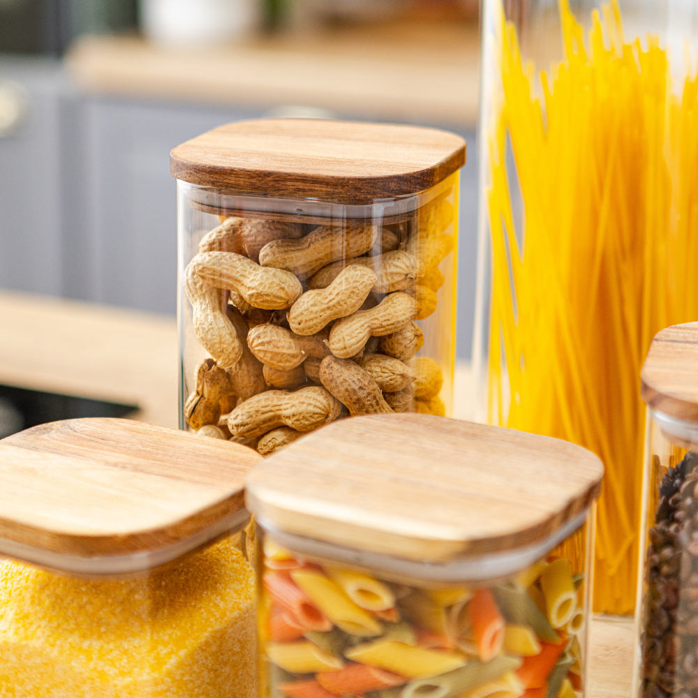 Комплект от 5 контейнера за съхранение на храна, стъкло, херметични капаци, изработени от бамбуково/акациево дърво