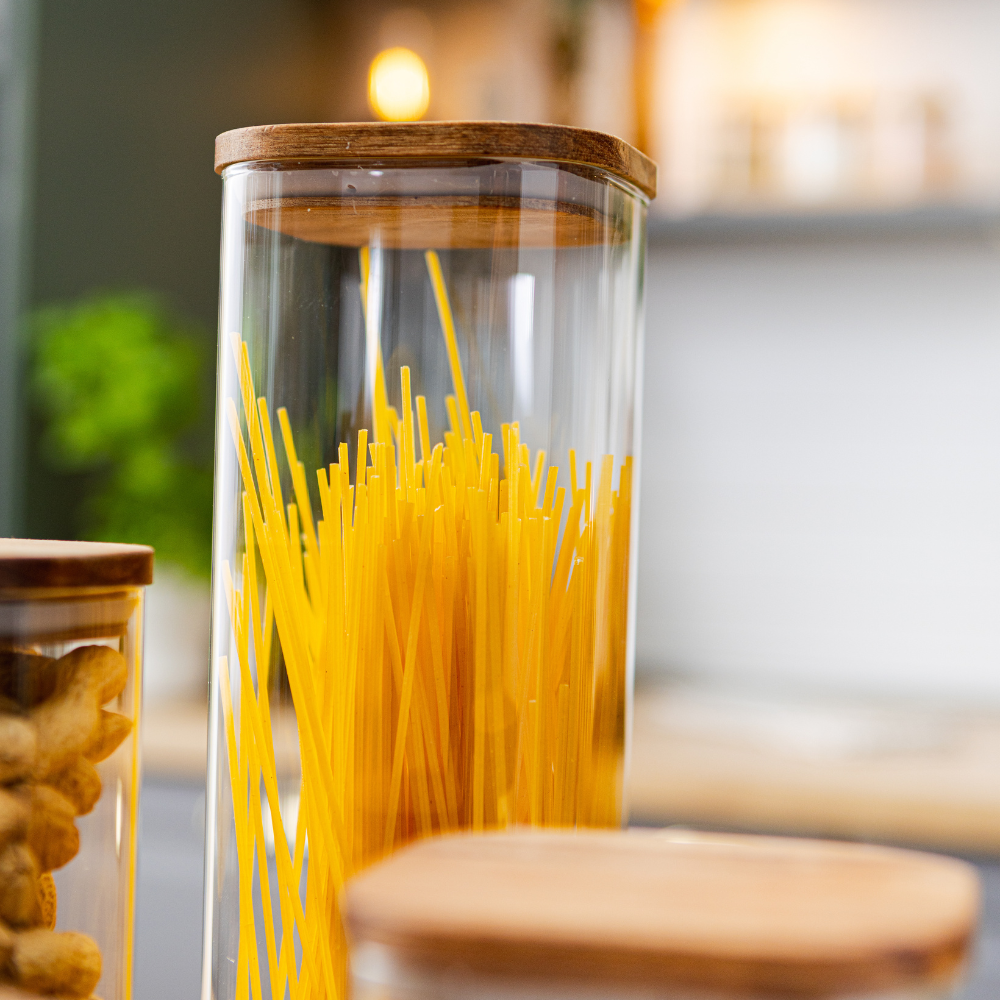 Комплект от 5 контейнера за съхранение на храна, стъкло, херметични капаци, изработени от бамбуково/акациево дърво