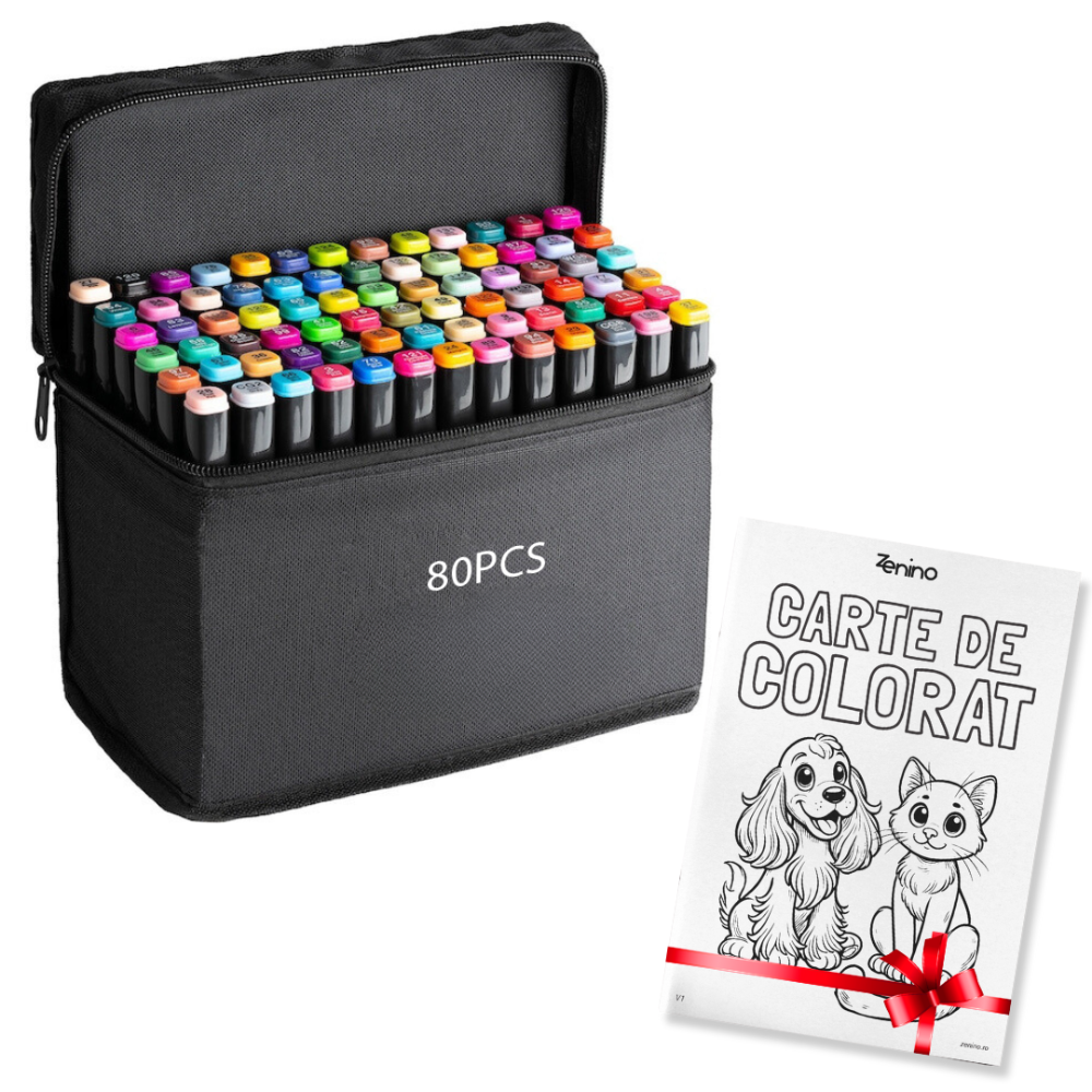 Set Markere + Carte de Colorat CADOU, Varf Dublu, Culori Intense, Geanta de Depozitare, Multicolor