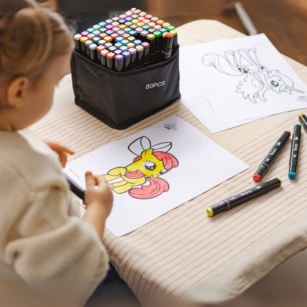 Set Markere + Carte de Colorat CADOU, Varf Dublu, Culori Intense, Geanta de Depozitare, Multicolor