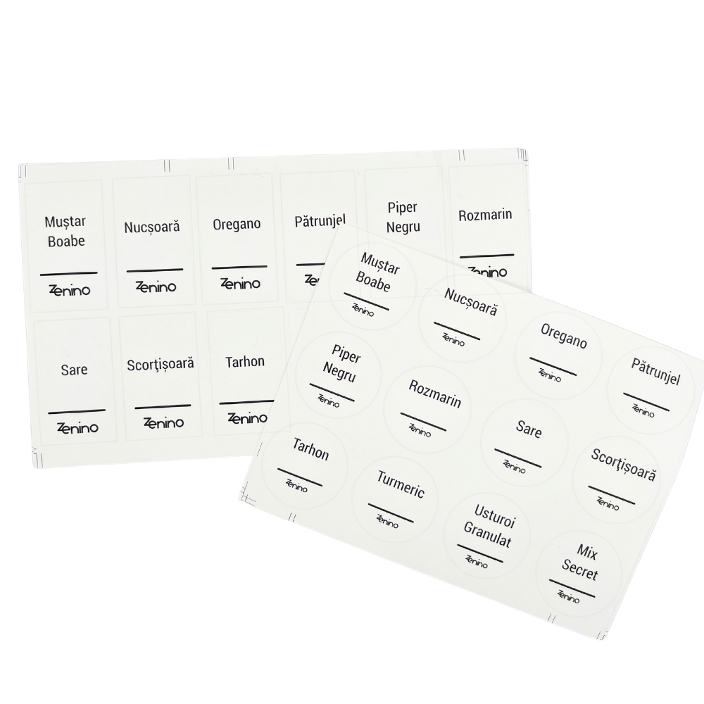 Set Recipiente Condimente, Capac din Aluminiu/Lemn, 96 de Etichete Albe in Romana, 12-24 Solnite, Palnie, Marker, 110ml, Sticla