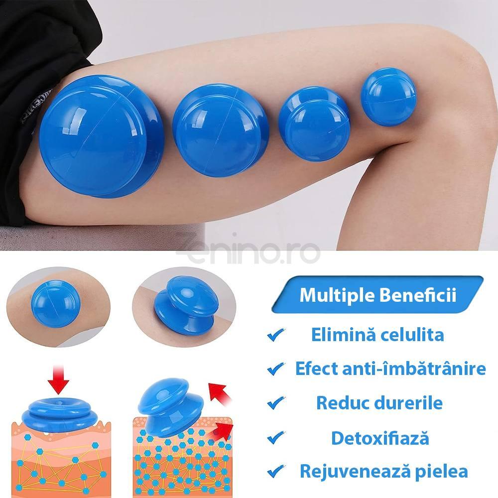 Комплект от 4 масажни вендузи, терапевтични, антицелулитни, релаксиращи, мек силикон, прозрачни/сини