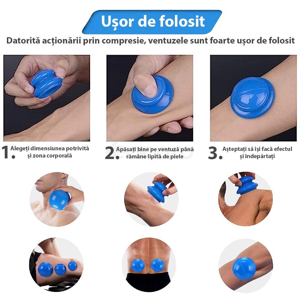 Комплект от 4 масажни вендузи, терапевтични, антицелулитни, релаксиращи, мек силикон, прозрачни/сини