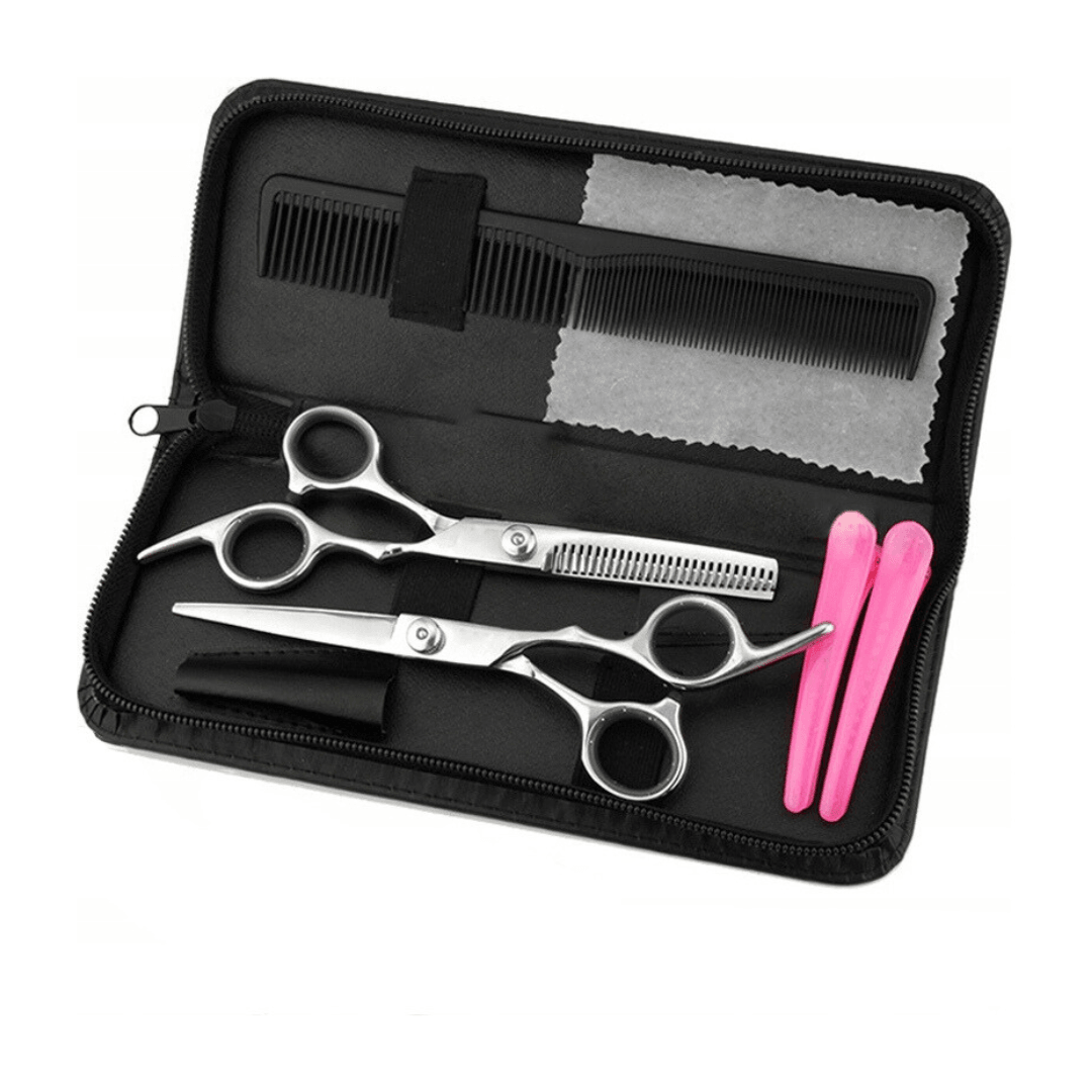 Hairdressing Set, 2 Steel Scissors, Comb, Velvet Cloth, Case, Black