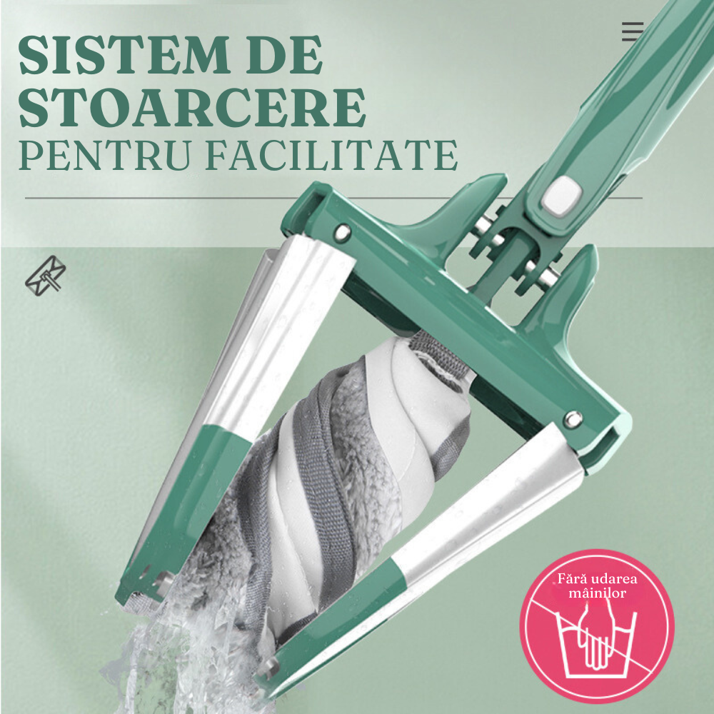 Микрофибърен моп, супер абсорбиращ, система за изстискване, телескопичен прът 140 см, въртене на 360 градуса